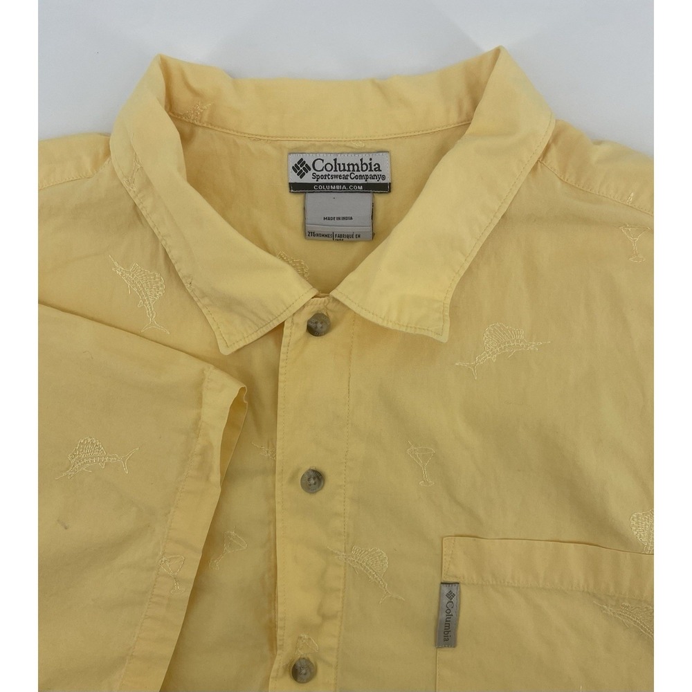 Columbia Button Down Mens XXL Yellow Sailfish Martini Embroidered Shirt Coastal